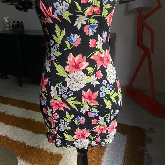 Vintage Betsey Johnson Size Medium Y2K 1990's Floral Mini Dress Black V Neck - Picture 3 of 10